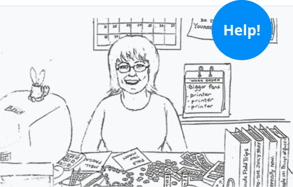 An overwhelmed school administrator buried in sticky notes, papers and manual to-dos at the front desk