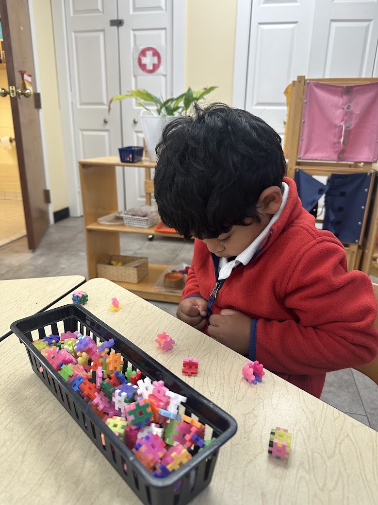 A toddler choosing work from the shelf