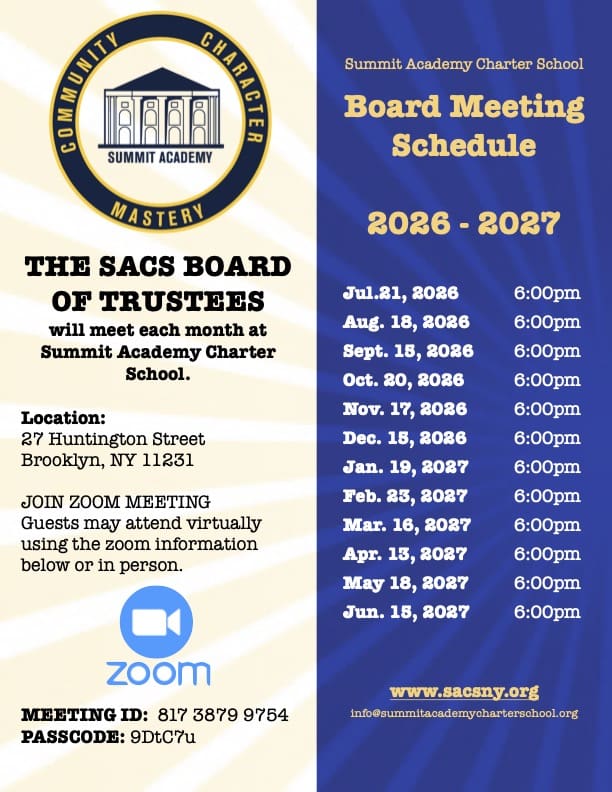 Summit Academy board meeting schedule flyer.