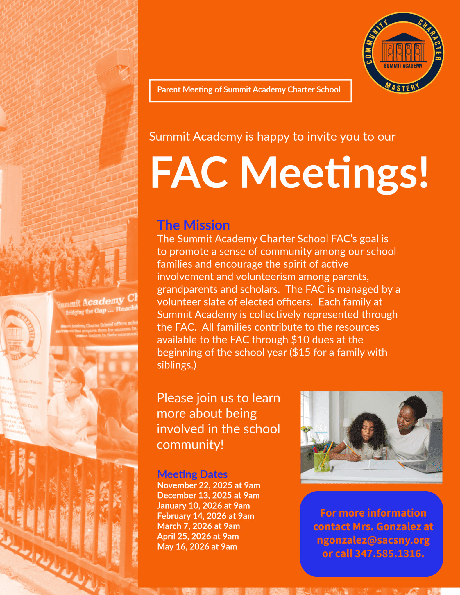 Summit Academy FAC meetings invitation flyer.