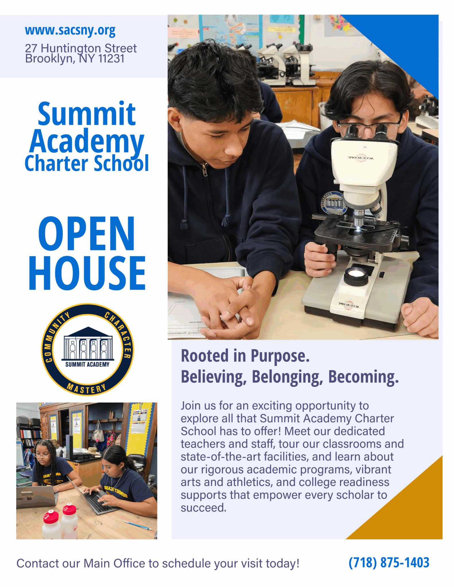 Students using a microscope at school event.
