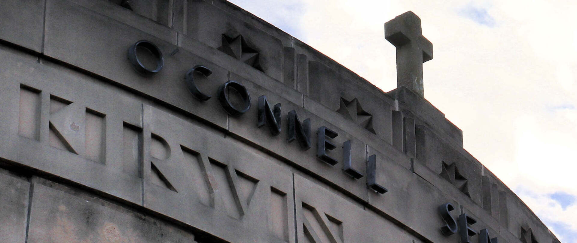 Carved stone facade of O&rsquo;Connell College Preparatory School in Galveston, Texas